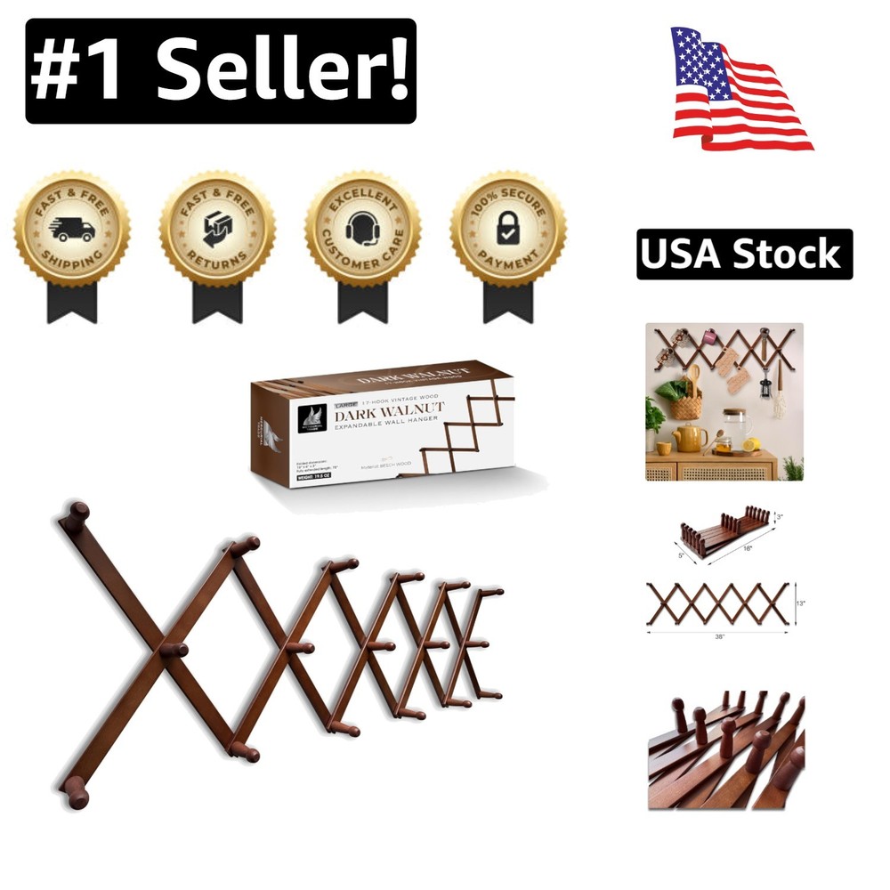 Elegant Dark Walnut Expandable Wooden Coat Rack with 17 Wall Mounted Hooks