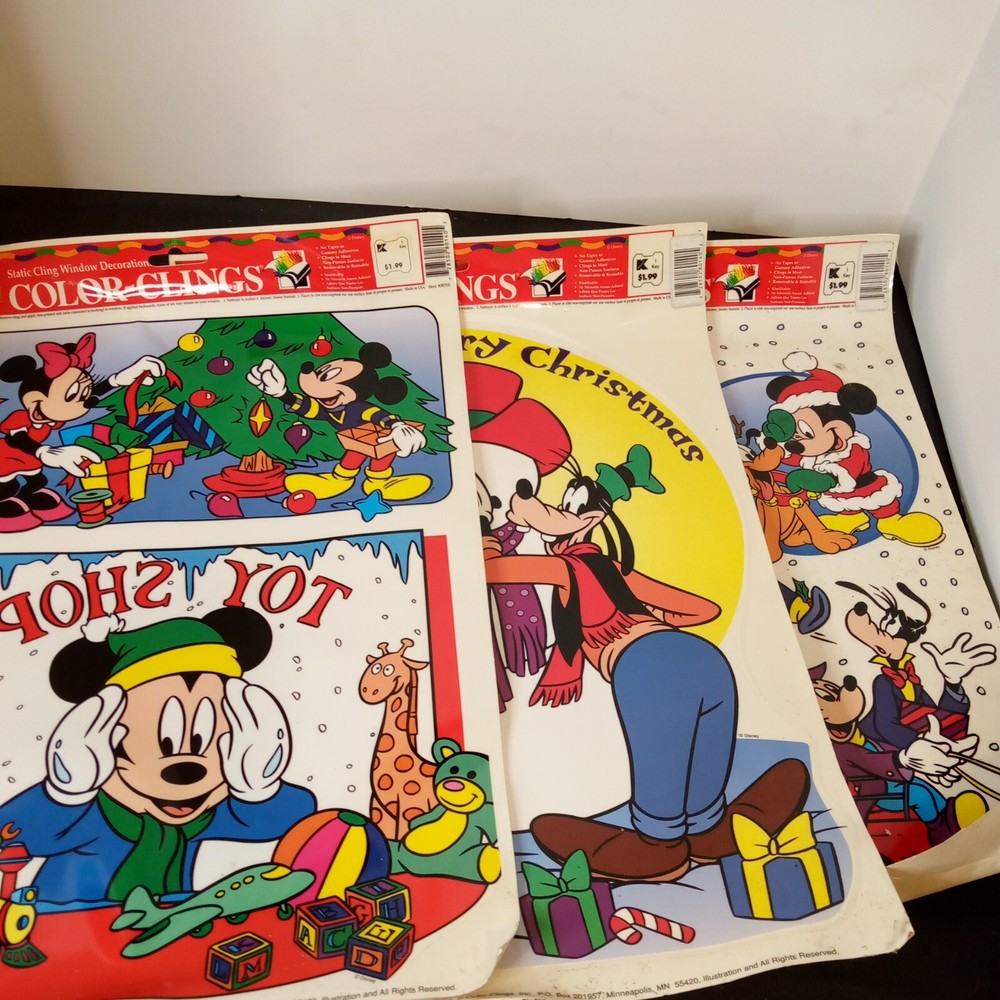 Lot of 3 New Vintage Disney Color Window Clings Mickey & Friends Christmas