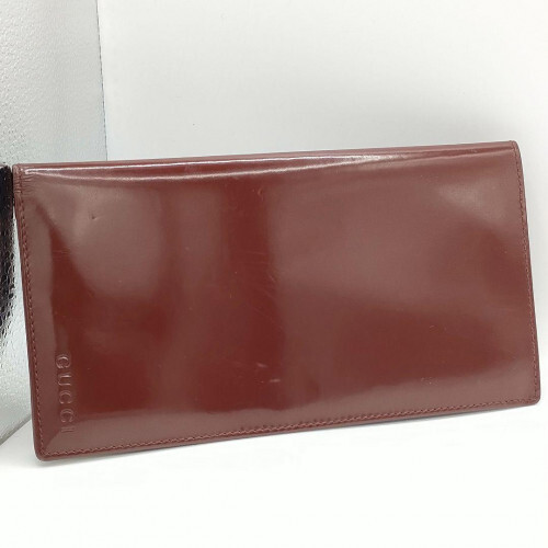 GUCCI Patent Leather Bi-fold Long Wallet in Brown Style 2961