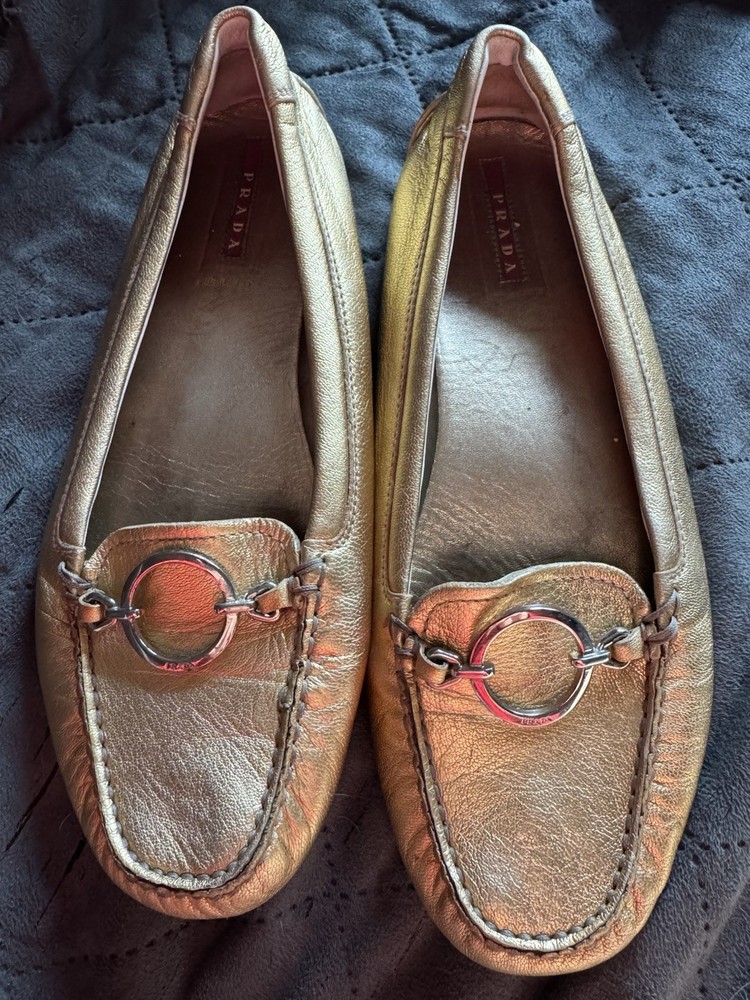Prada Gold Loafers for Women with Silver Hardware Size 38 US 8