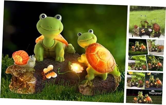 Garden Statue Outdoor Decor-Cute Frog Face Turtles with Solar Turtle With Tree