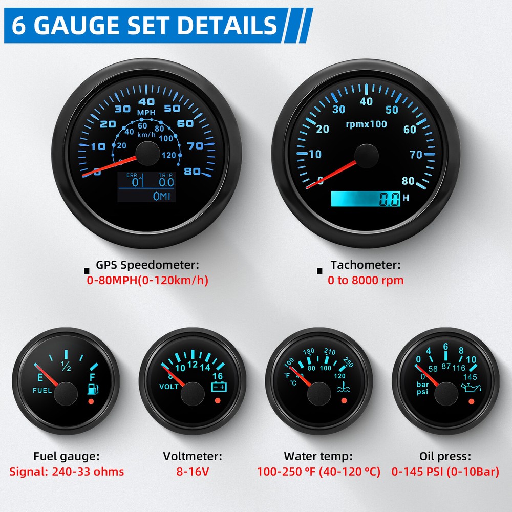 85mm 6 Gauge Set GPS Speedometer 0-80 MPH Tachometer Fuel Oil Temp Volt with Senders  