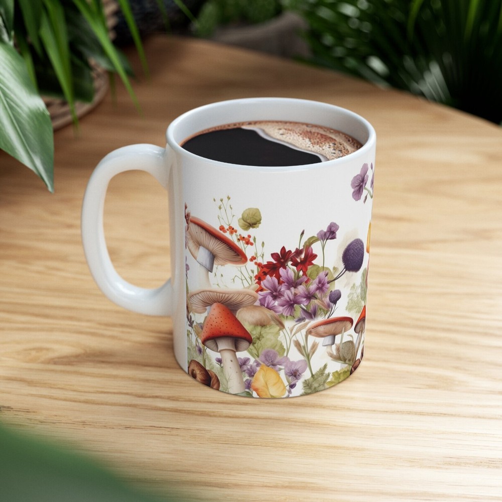 Mushroom and Wildflower Ceramic Mug 11oz Nature Design