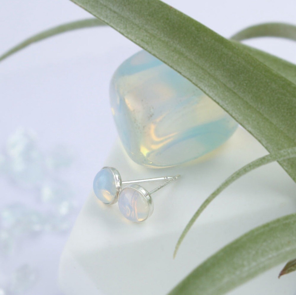 Opal Stone Sterling Silver Earrings by A Tea Leaf Jewelry in Gift Box