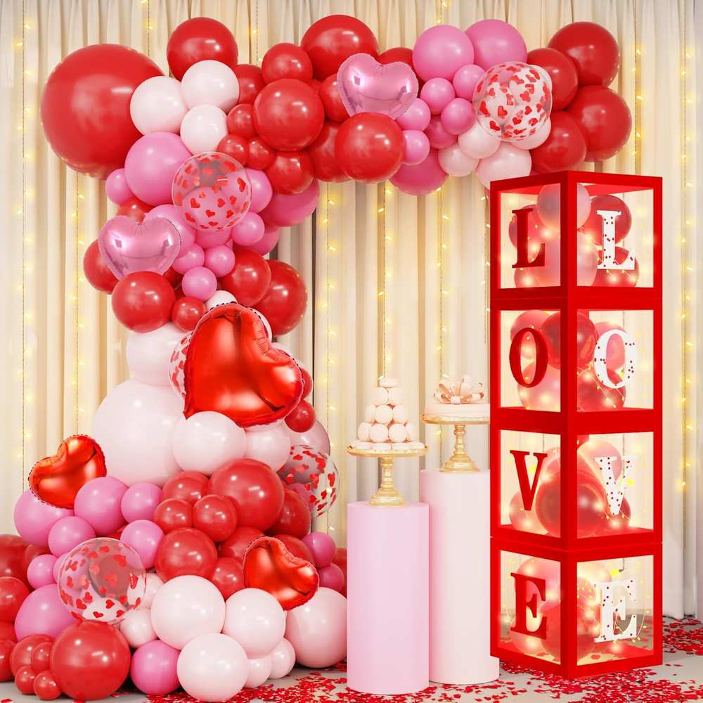 148Pcs Valentines Balloons Arch Garland Kit 4Pcs Love Boxes with Lights Letters