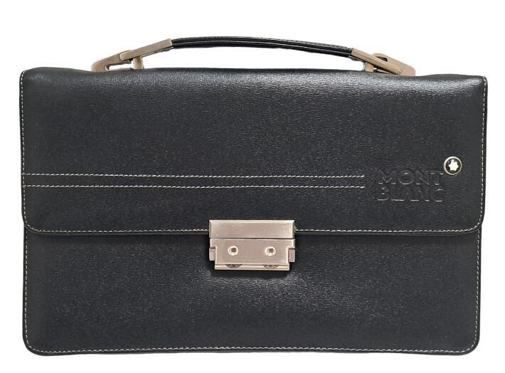 Men's Montblanc Clutch Bag Small Briefcase With Key Leather Black Handle