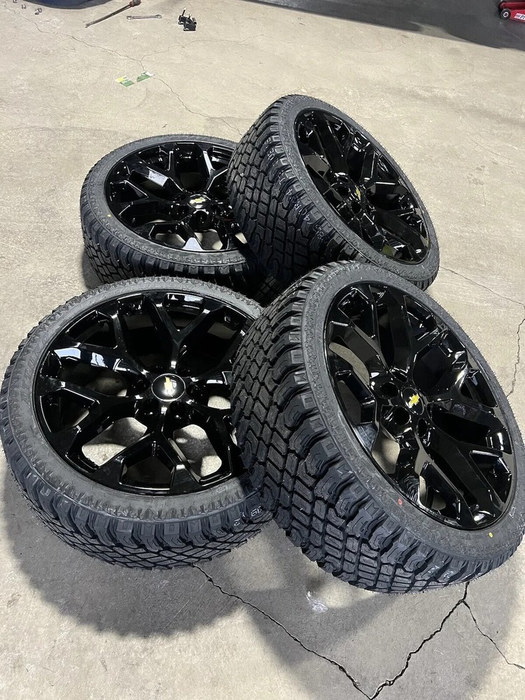 24” SNOWFLAKE BLACK WHEELS RIMS XT TIRES CHEVY SILVERADO TAHOE GMC YUKON SIERRA