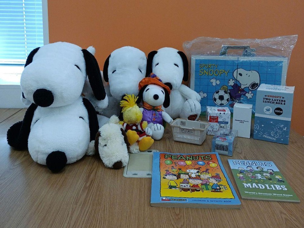 Snoopy Figure Lot of set Lunch box Glass Key McDonald's Tote bag Coloring book