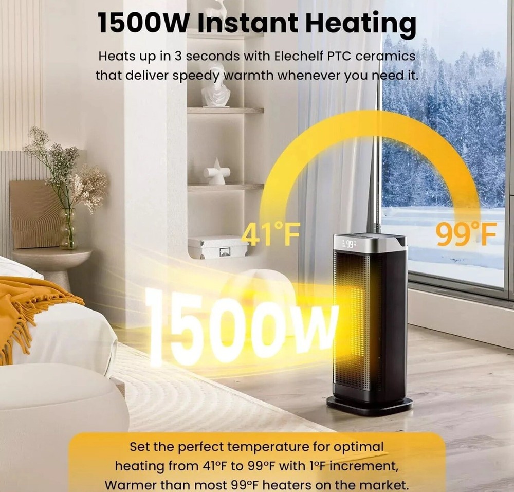 Space Heater, 90°Oscillating 1500W Electric Ceramic Tower Heater with Remote NEW