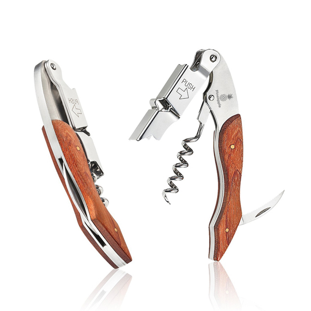 Corkscrew Wine Bottle Opener Waiters Key Wood Double Hinged with Foil Cutter