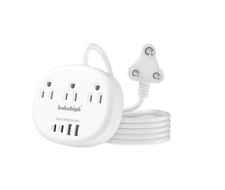US to South Africa Plug Adapter with 3 Outlets & 4 USB Ports (2 USB-C) 24W