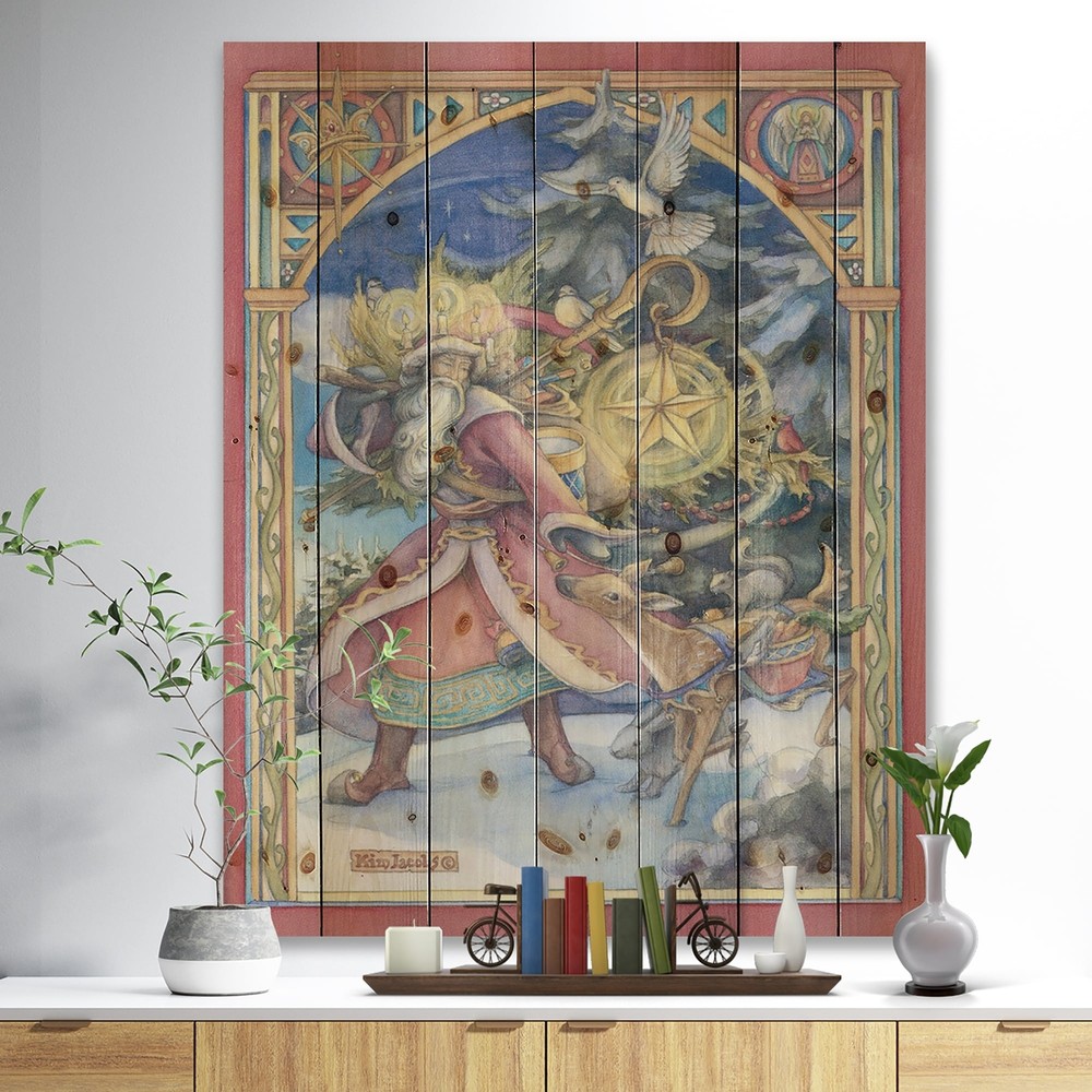 Designart 'Father Christmas With Christmas Star And Reindeer' Traditional Wood