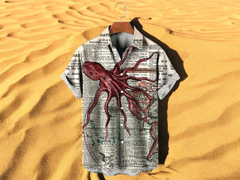 Octopus Art World Map Aloha Hawaiian Shirt Short Sleeve Summer Beach Size S 5XL