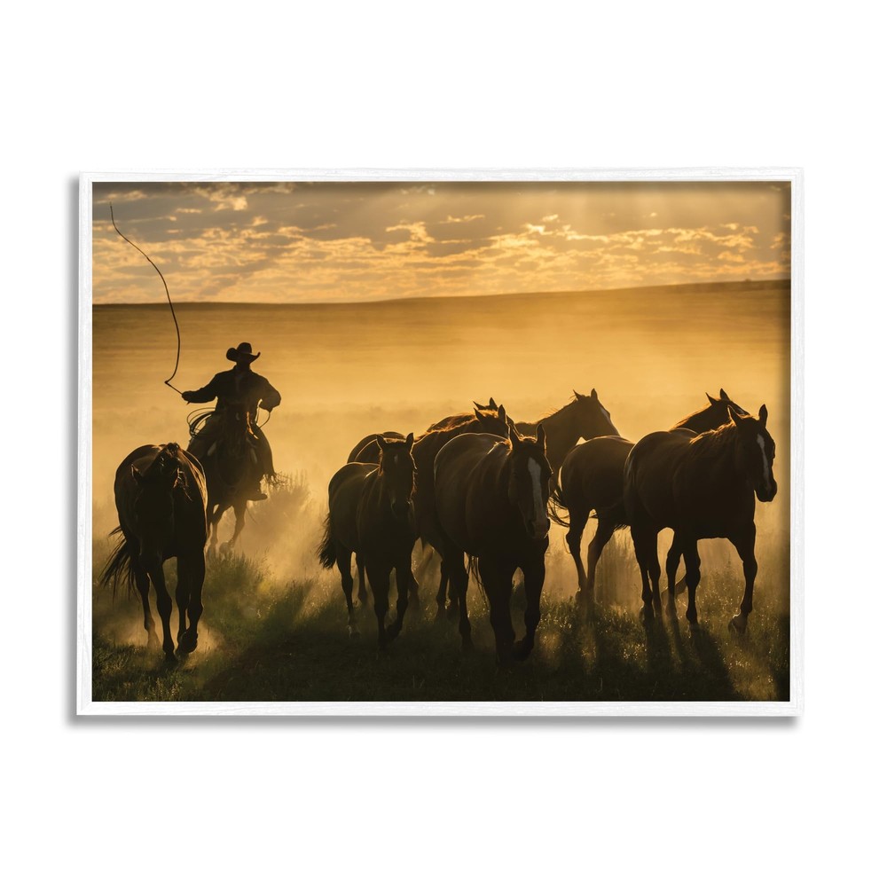Cowboy & Horses at Sunset White Framed Giclee Art Design by PBurchettePhoto