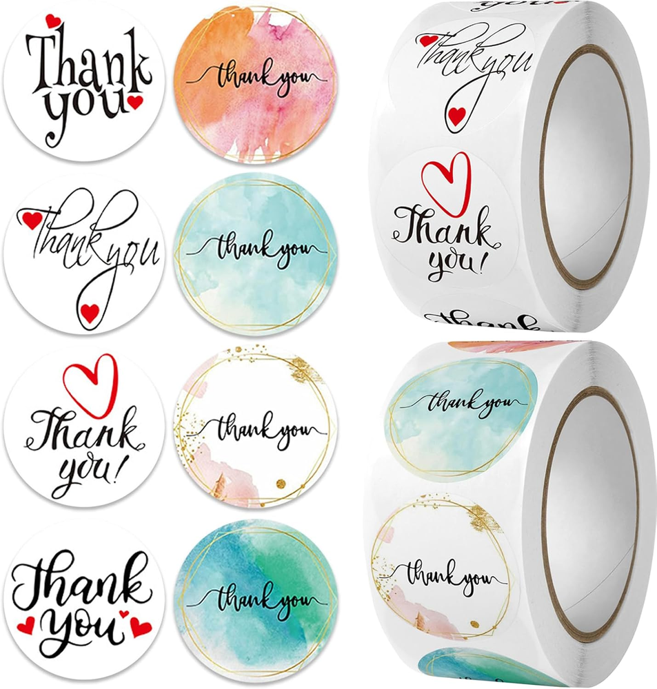 Thank You Stickers, 1000Pcs 1In Waterproof Vinyl Roll, Style 1, Round, for Small