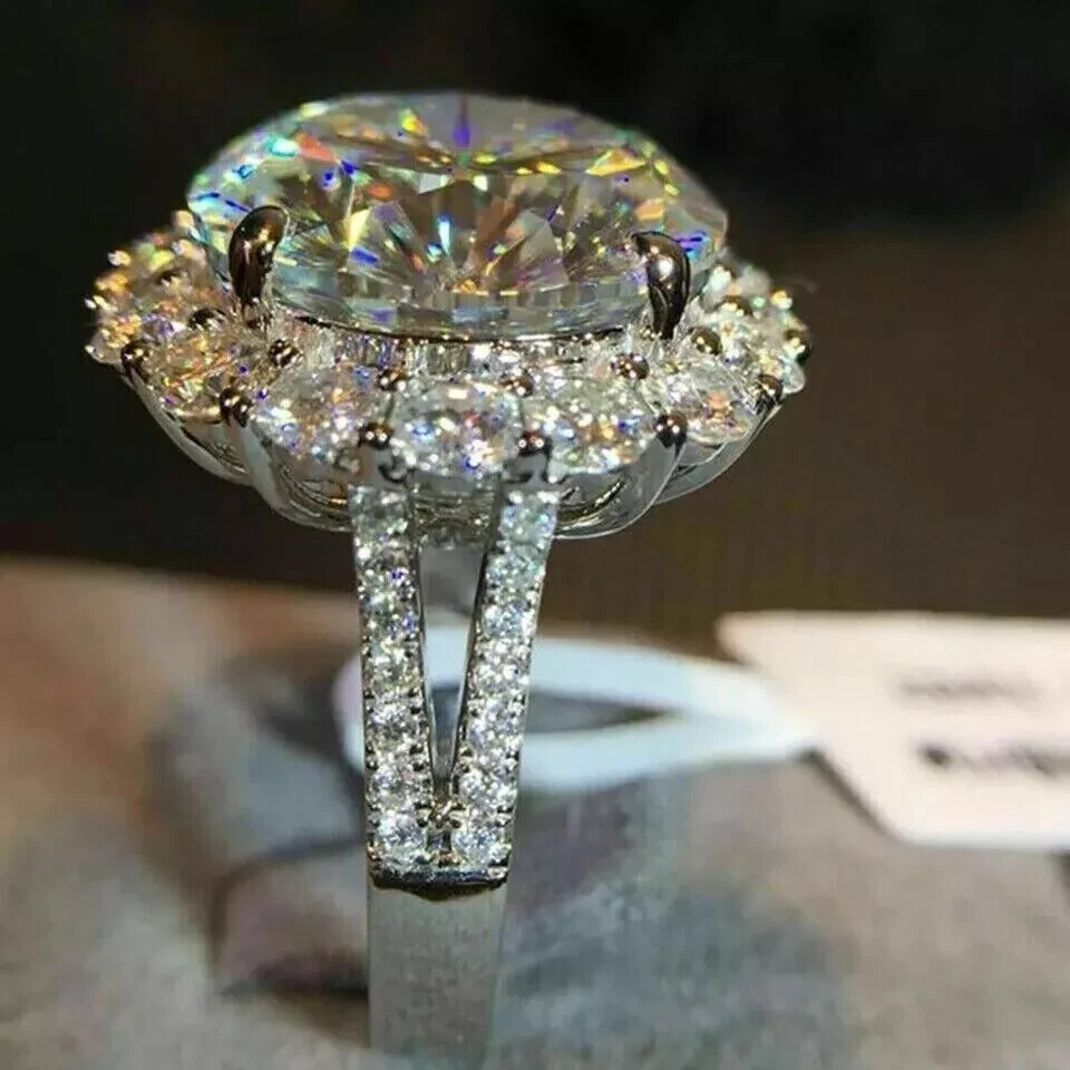 4.00Ct Round Cut Moissanite Halo Engagement Wedding Rings 14K White Gold Plated