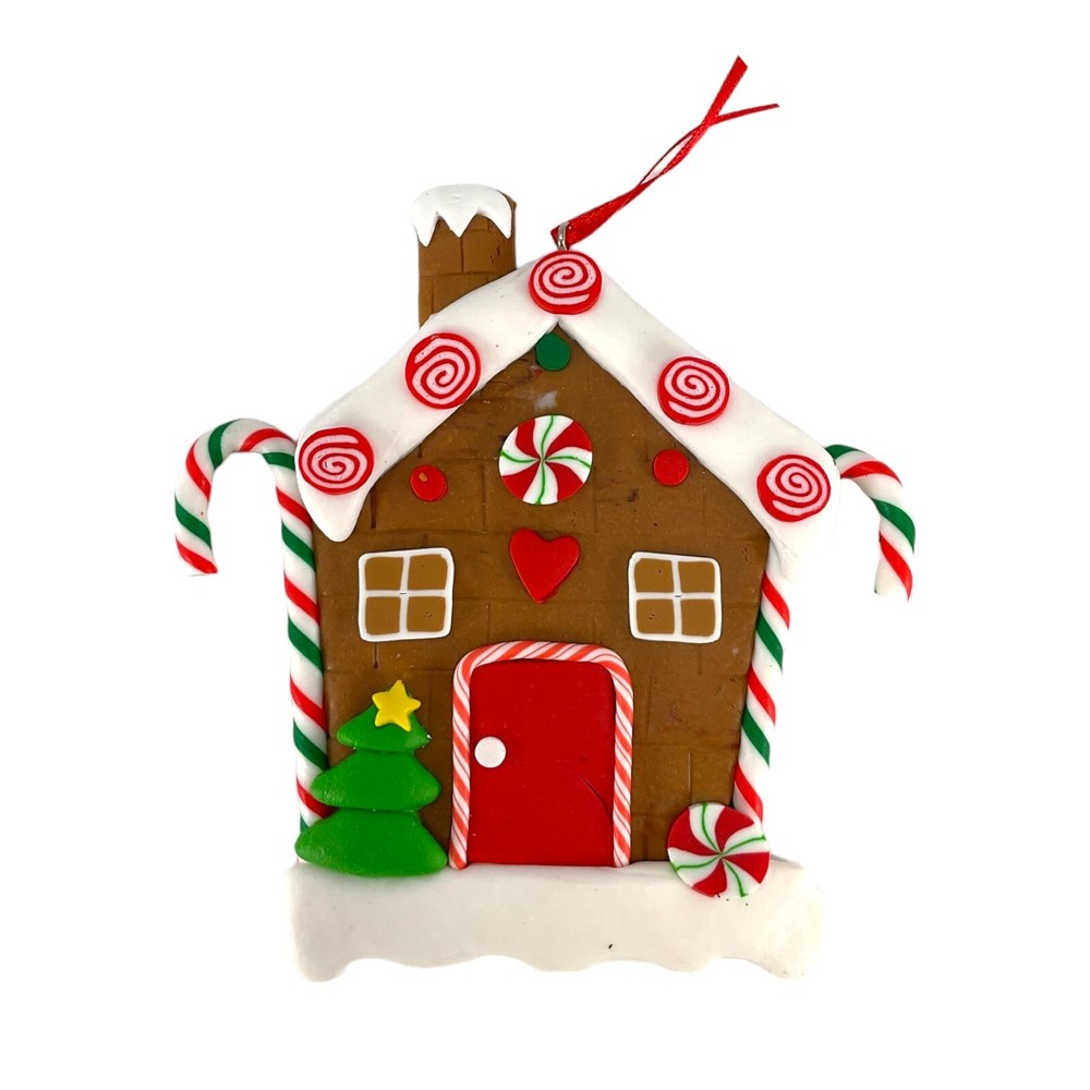 Gingerbread House Christmas Ornament with Tree and Candy Canes 4 Inch