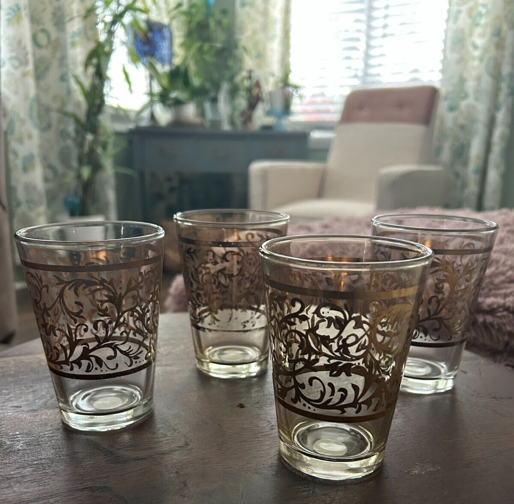 TIMON 4 Collezione Drink Glasses Barware Clear Gold Scroll Italy 4
