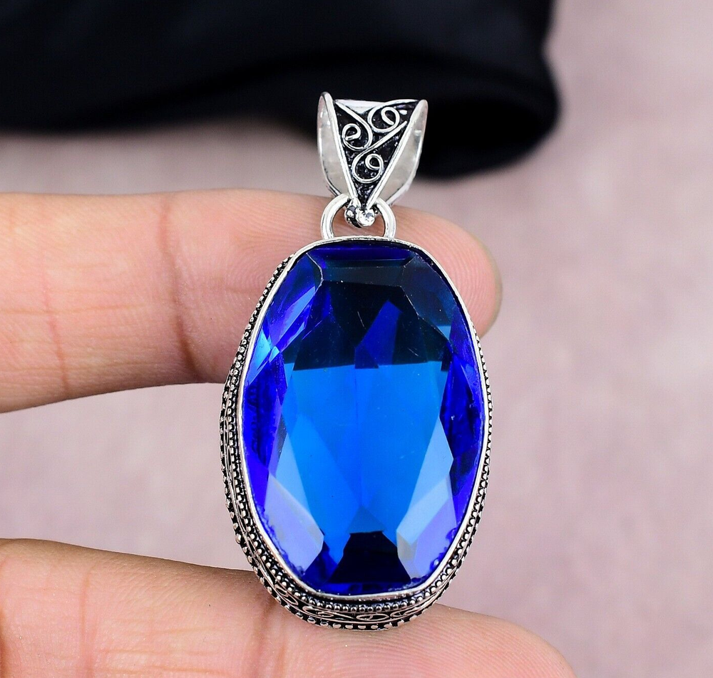 Blue Sapphire Sterling Silver Pendant Handmade Jewelry Gift for Women