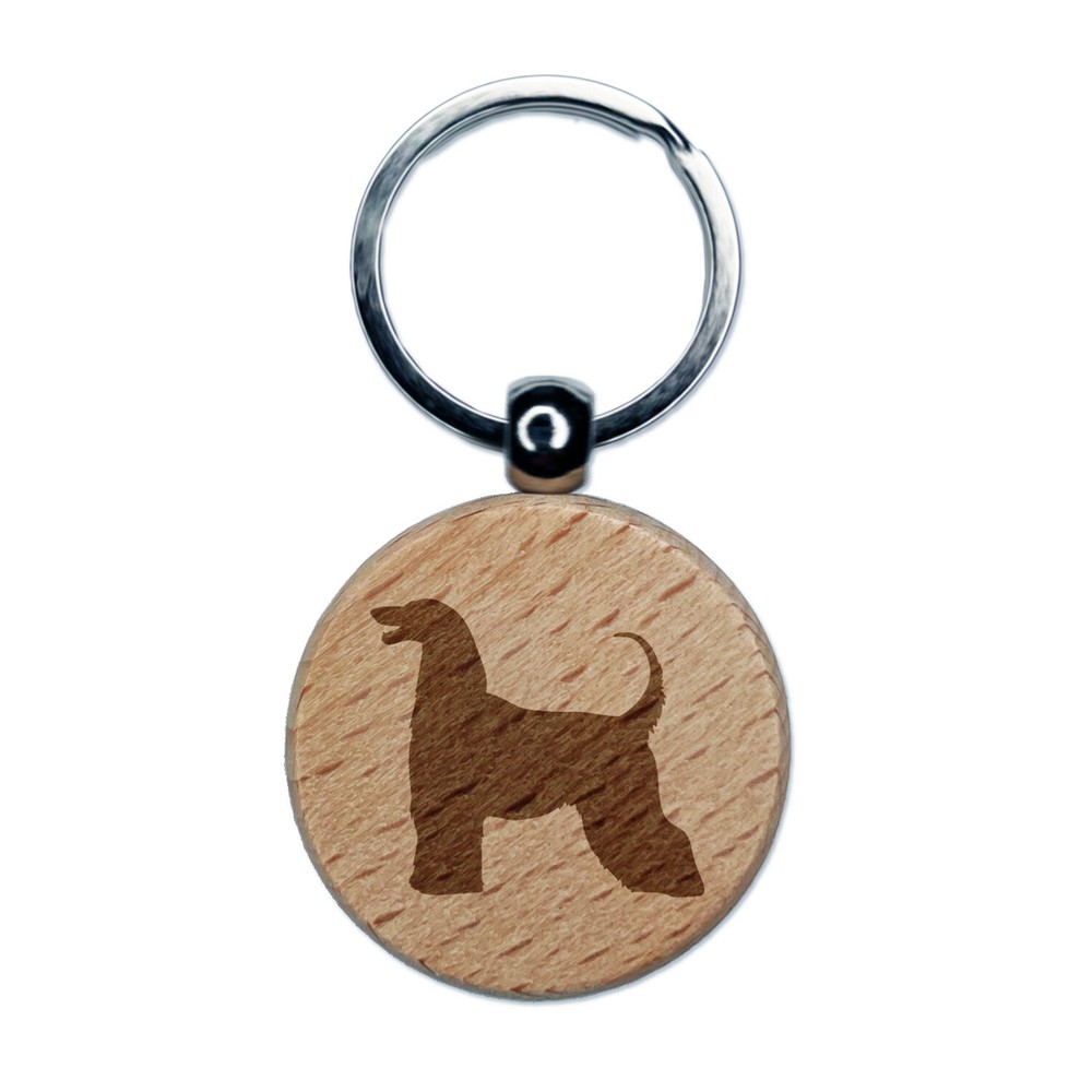 Afghan Hound Dog Solid Engraved Wood Round Keychain Tag Charm