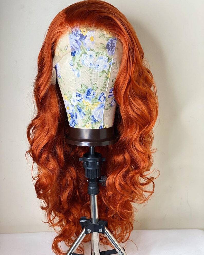 Copper Orange Long Wavy Lace Front Synthetic Wig for Cosplay & Parties Glueless