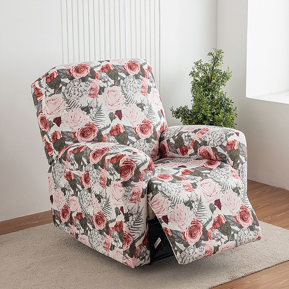 Printed stretch recliner cover, side pockets, home decor protection, stylish