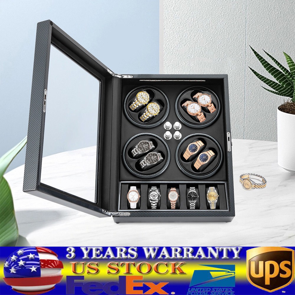 Automatic Rotation 8 Watch Winder Box w/5 Watches Display Storage Case LED Light