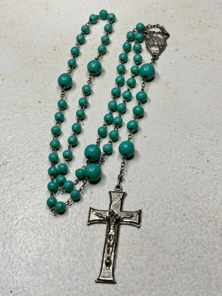 Vintage Turquoise Rosary with 1/8 & 1/4 Inch Round Beads 16 Inch Religious Necklace