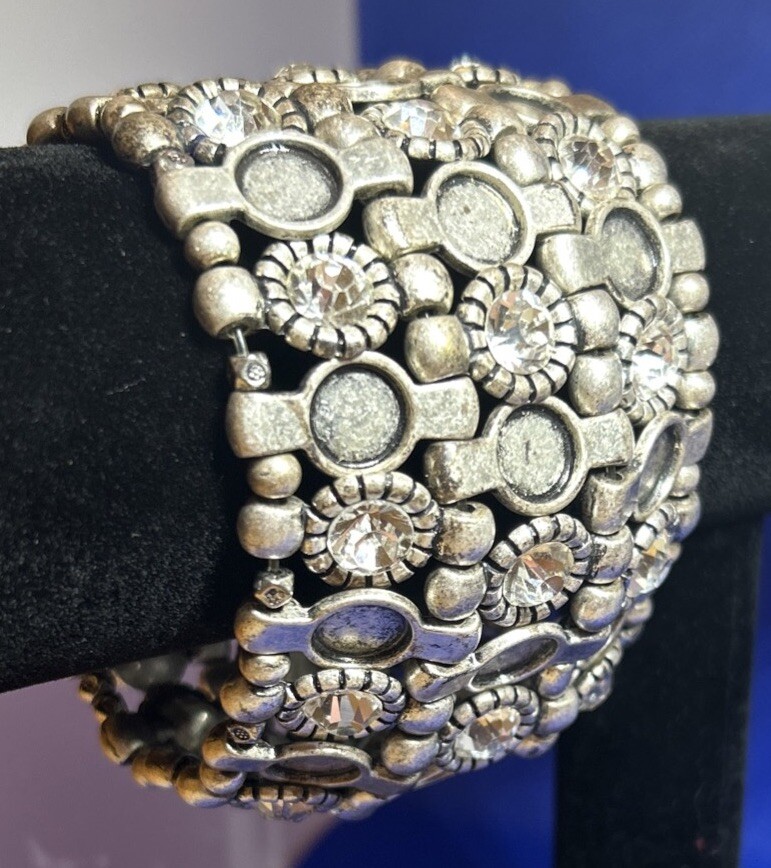 Chunky Heavy Steampunk Cuff Stretch Bracelet Silver Tone Beads + Rhinestones 8”