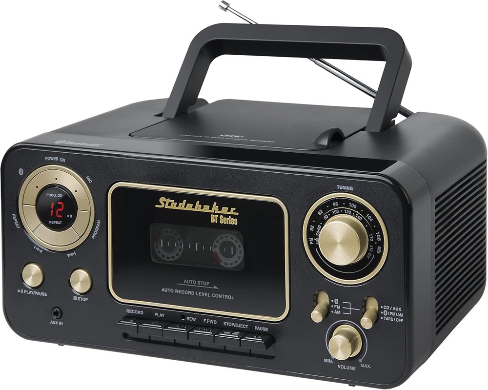 Black & Gold Bluetooth Stereo with CD Player, AM/FM Radio & Cassette Recorder