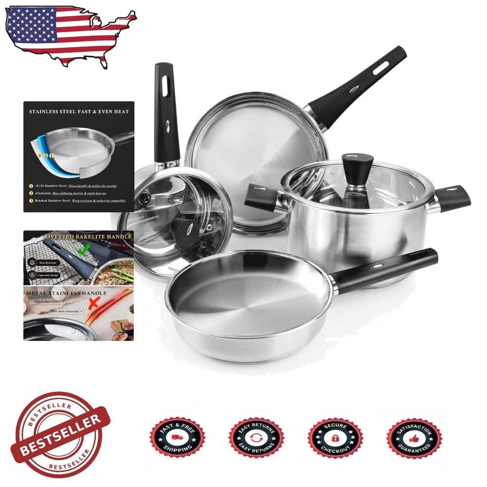 Durable Stainless Steel Cooking Set - Stay-Cool Handles & 5.5 Qt Capacity