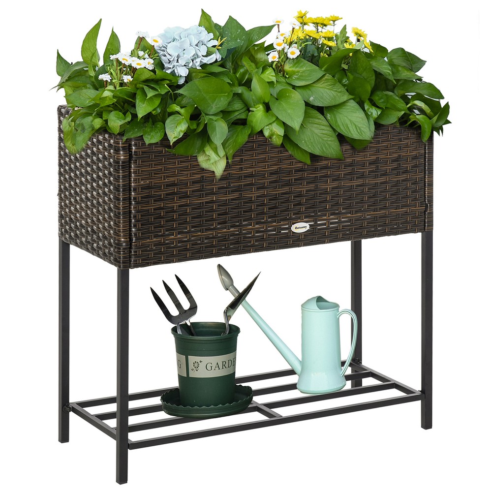 Outsunny Raised Garden Bed,Elevated Planter Box with Rattan Wicker Look,Tool