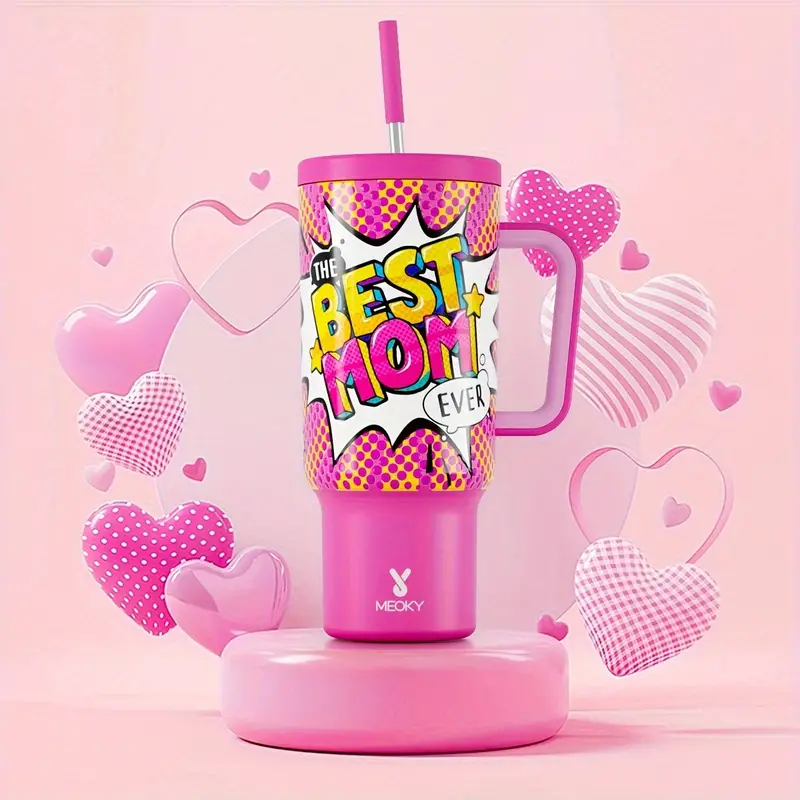 40oz Insulated Stainless Steel Travel Mug with Handle, Leakproof Lid and Straw