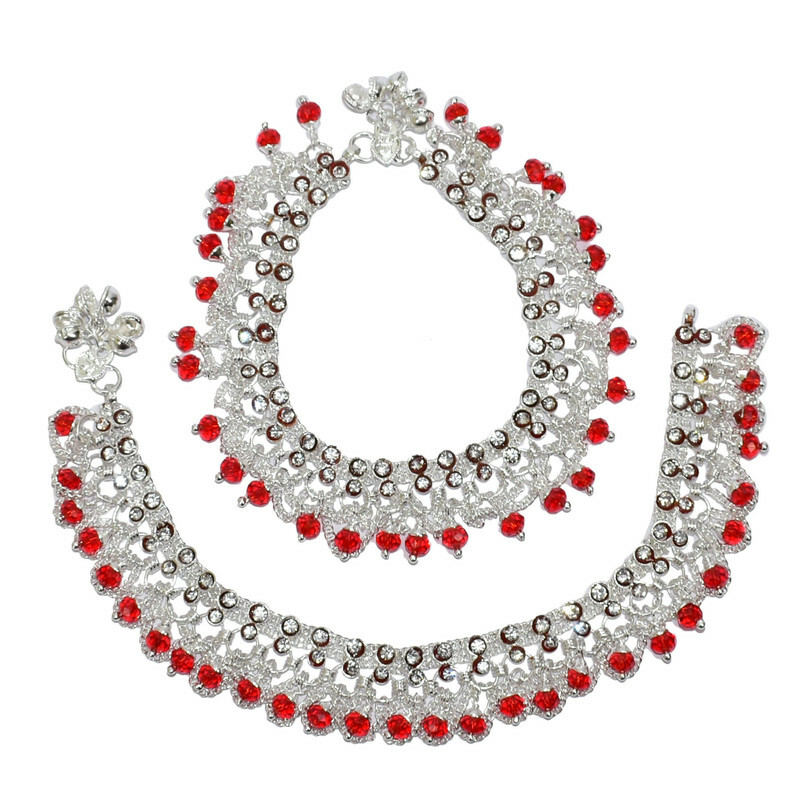 Women Silver Plated Chain Anklet Kundan Fancy Ankle Bracelet Pajeb Foot Jewelry