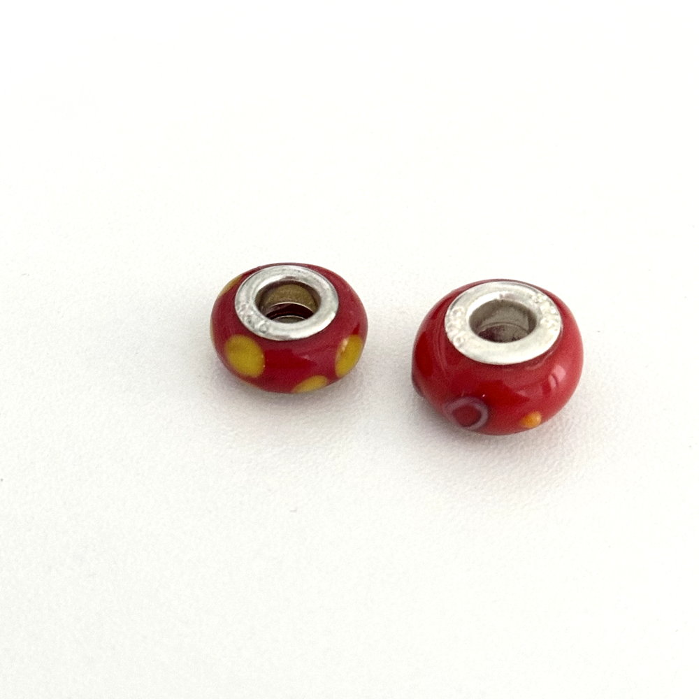 925 Sterling Silver Cherry Red & Yellow Spotted Murano Glass European Charms - Set of 2