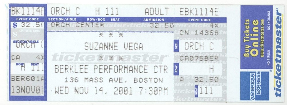 Suzanne Vega 11/14/01 Boston MA Berklee Performance Ctr Concert Rare Ticket!