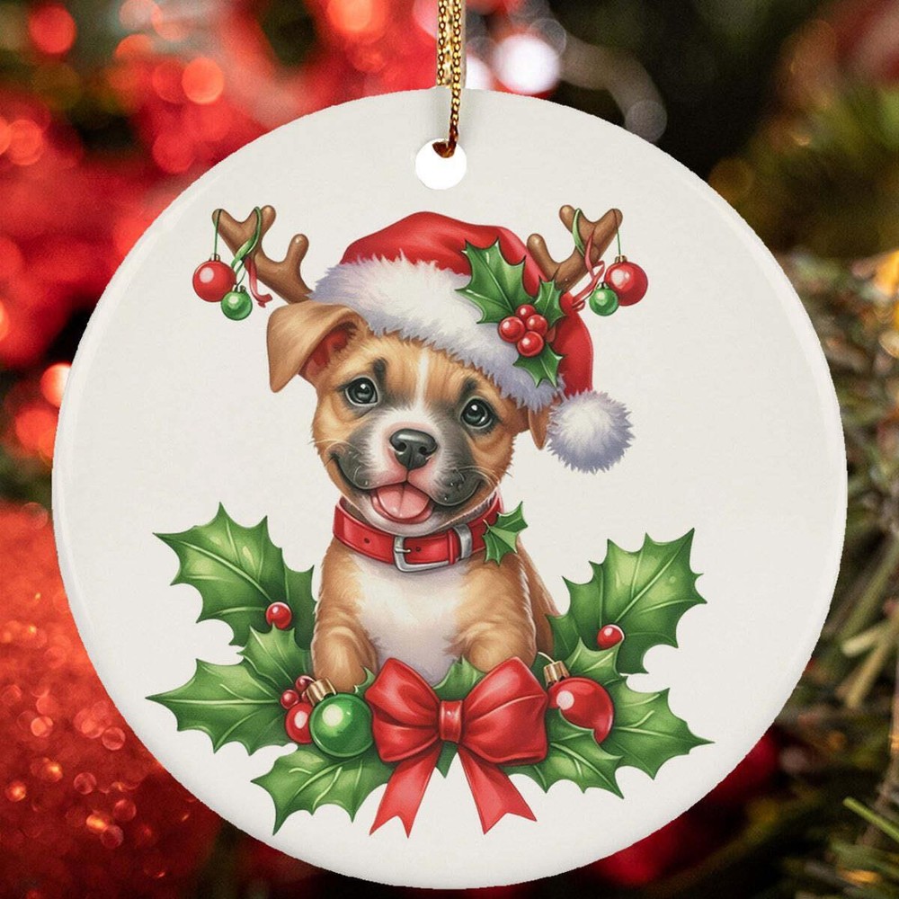 Funny Reindeer Pitbull Dog Peeking Christmas Ornament Gift Tree Decor Hanging