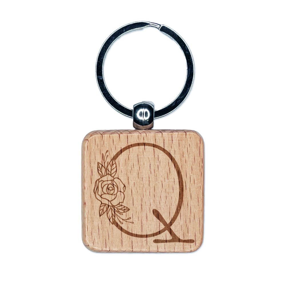 Vintage Rose Typewriter Font Wooden Keychain with Capital Letter Q