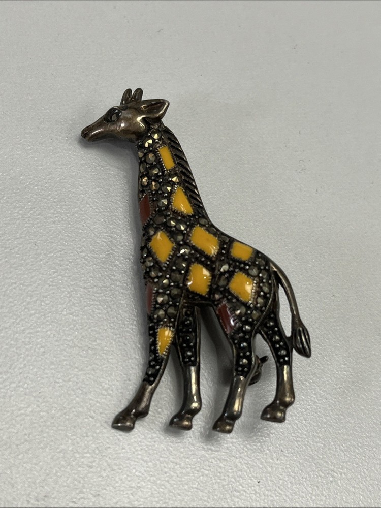 Vintage Retro Sterling Silver Marcasite Animal Figural Safari Giraffe Pin Brooch