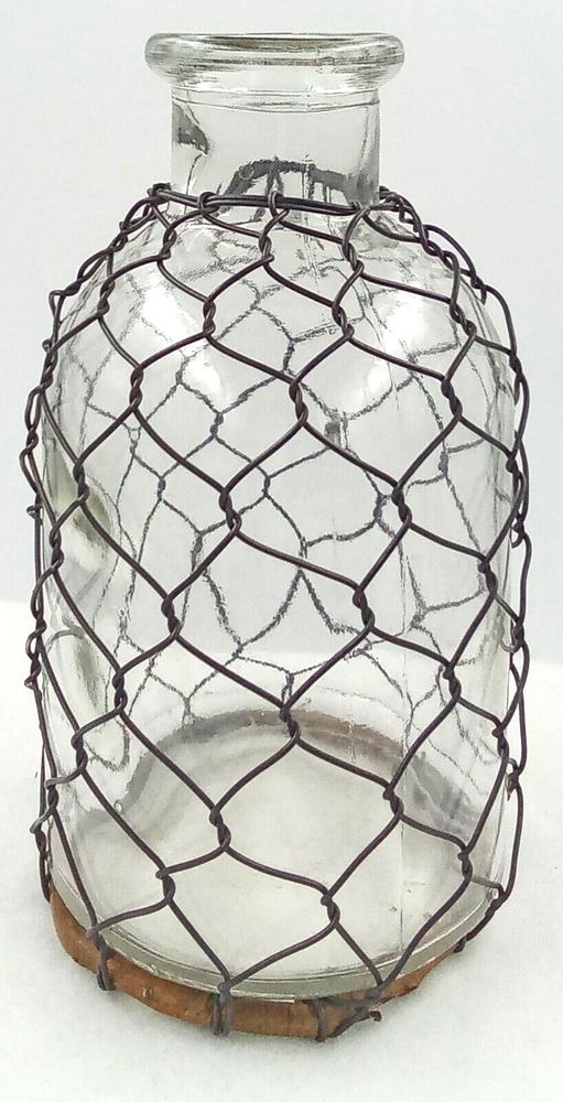 Wire Mesh Bottle Vase Glass Clear Black Wire Rustic Round Lip Mouth 6.5