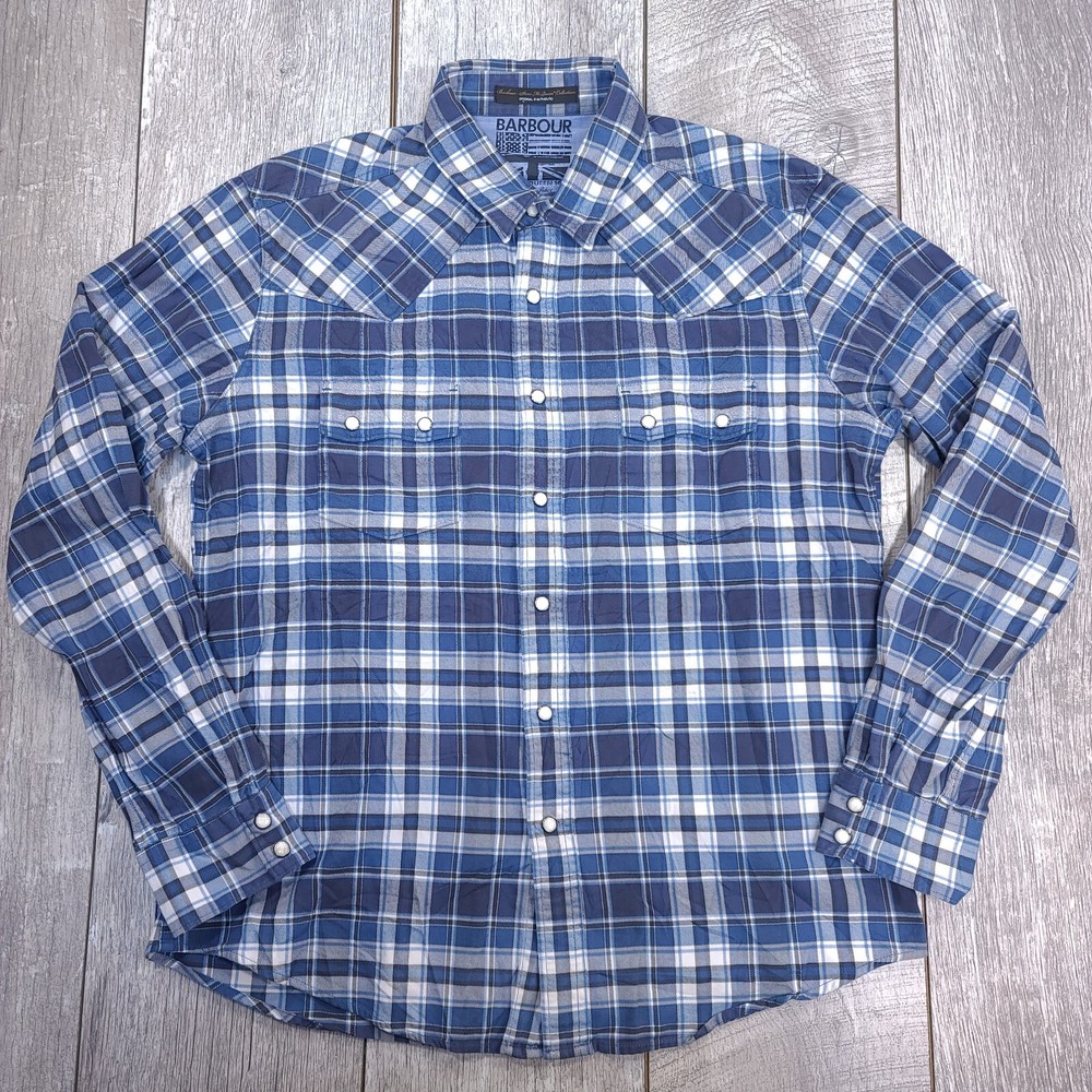 Barbour Men Steve McQueen Pearl Snap Shirt Size Medium Blue Button Plaid Western