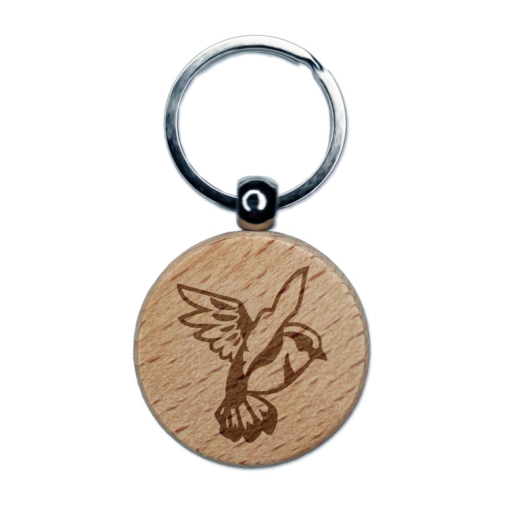 Sparrow Bird in Flight Engraved Wood Round Keychain Tag Charm