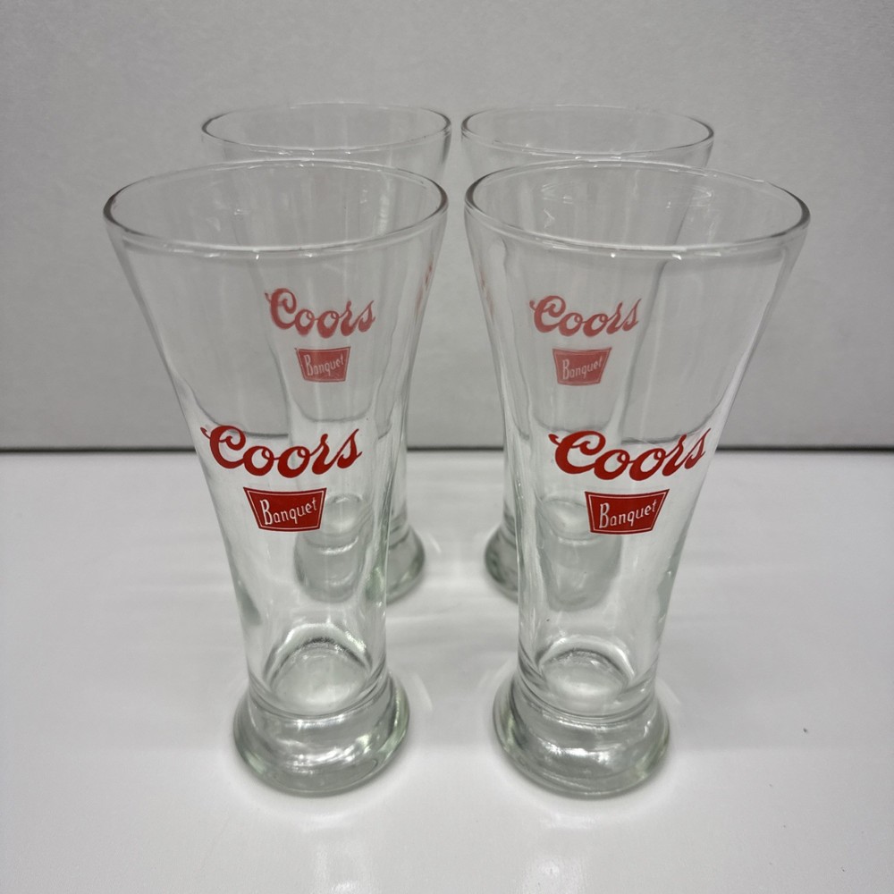 Lot Of 4 COORS BANQUET Flared Pilsner Beer  Glass Libbey Red Logo Heavy Base 7”
