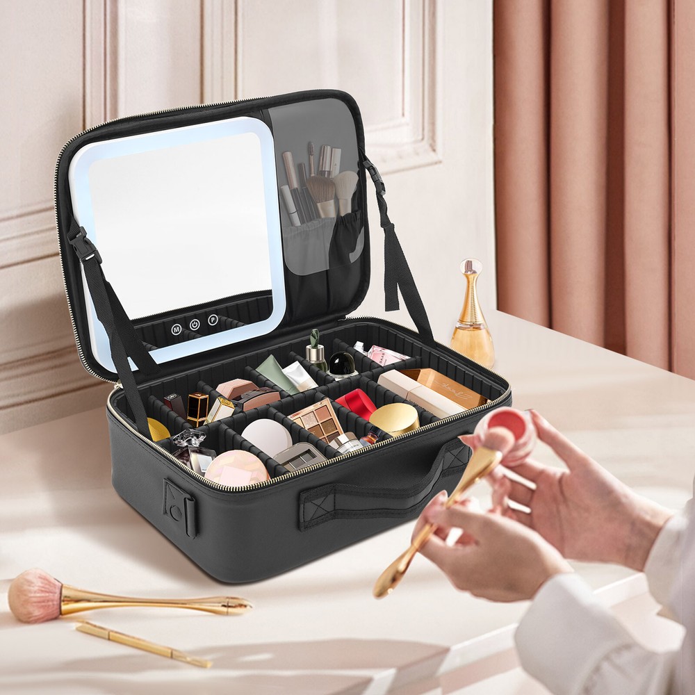Travel Makeup Train Case Storage Bag With Mirror+Lights Cosmetic Bag Organizer