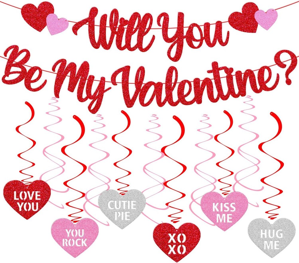 Be My Valentine Glitter Banner in Red and Pink with Hearts