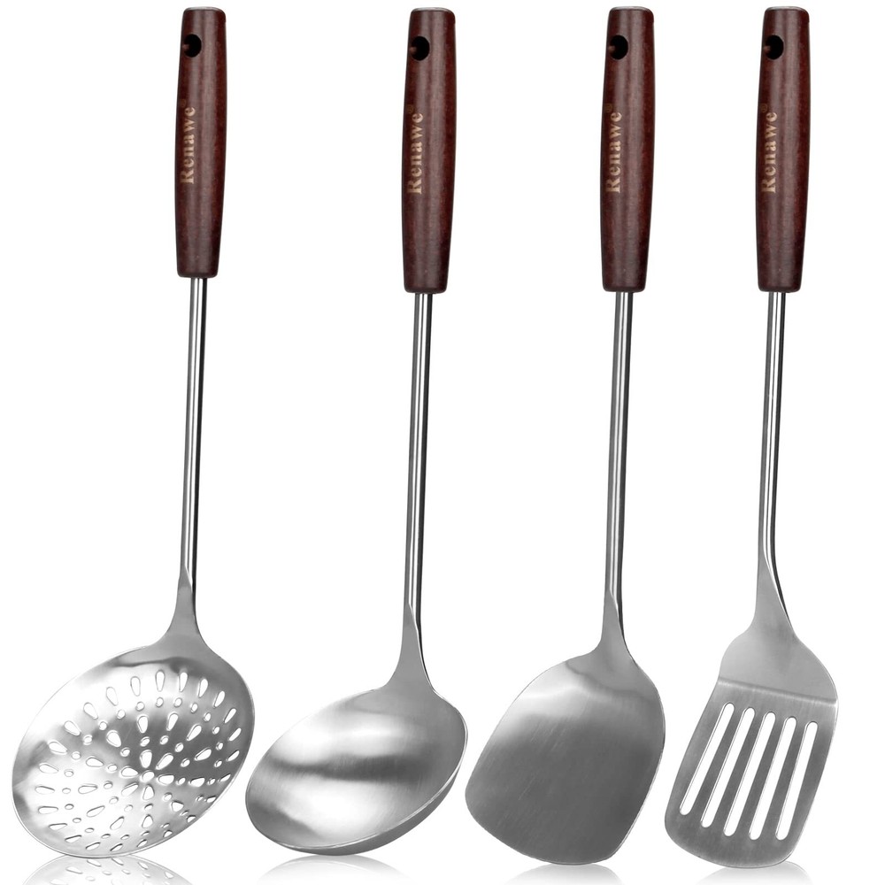 15 inch Large Spatula Slotted Turner Soup Ladle 304 Stainless Steel Wok Spatu...