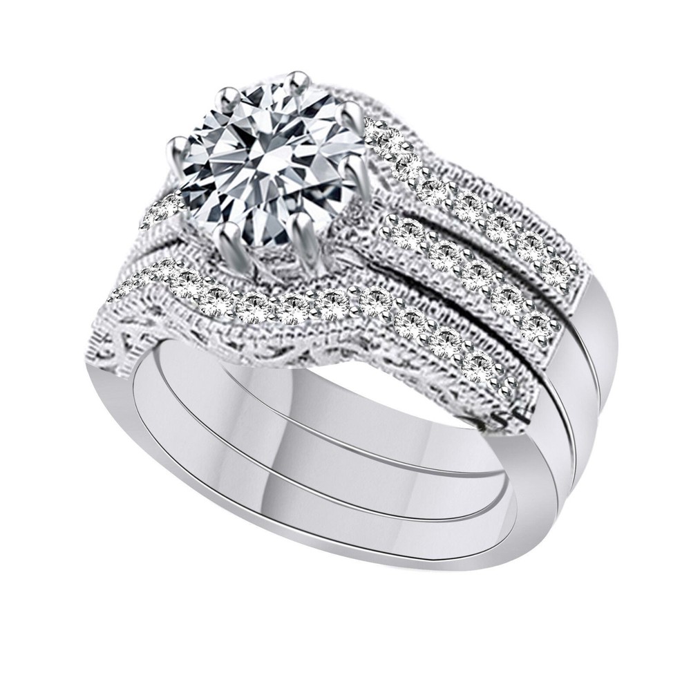 2 Ct Round Cut Cubic Zirconia Engagement Ring Set 14K White Gold Plated Silver