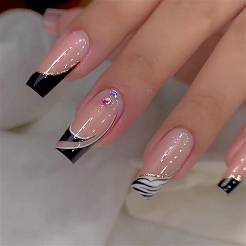 Animal Print French Press On Nails Long Coffin Style 24pcs Nail Art