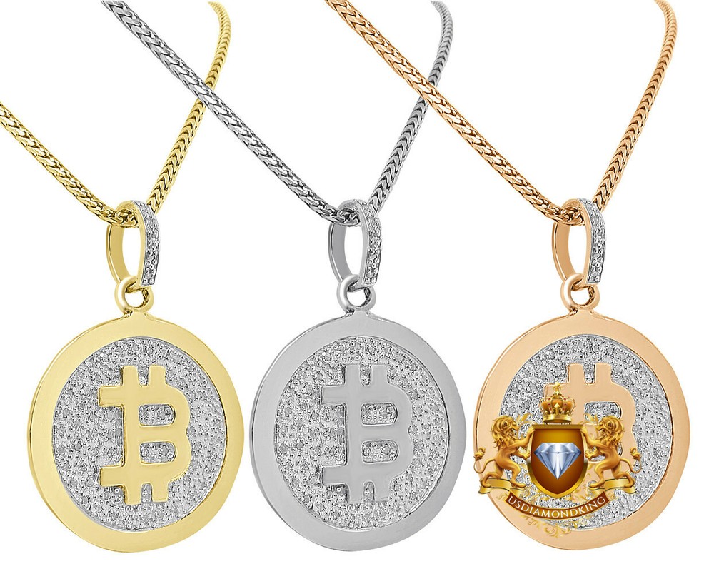 Real Diamond 10K Gold Over Bitcoin Cryptocurrency Mini Charm Pendent Chain Set-image
