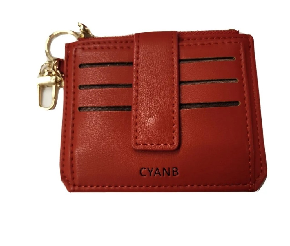 Cyanb Small Red Credit Card Holder with Keychain & Coin Purse-image